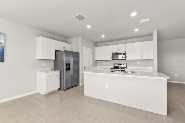 kitchen featuring appliances with stainless steel finishes, sink, an island with sink, and white cabinets