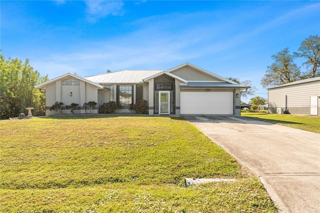 single story home featuring a front yard and a garage