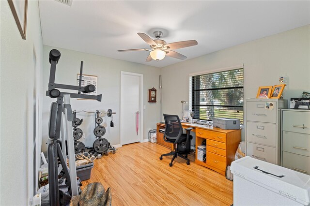 office space featuring ceiling fan and light wood-type flooring