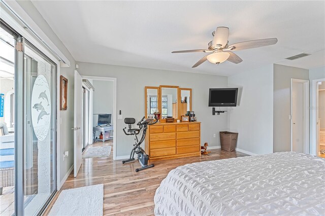 bedroom with access to outside, ceiling fan, and light hardwood / wood-style floors