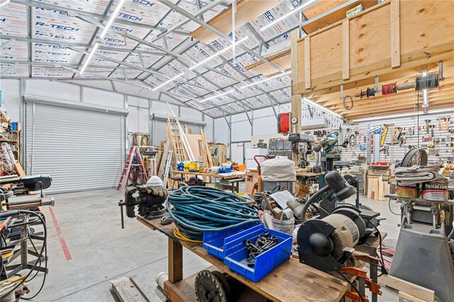 garage with a workshop area