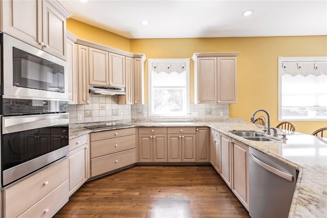 kitchen with hardwood / wood-style floors, light stone countertops, sink, and appliances with stainless steel finishes