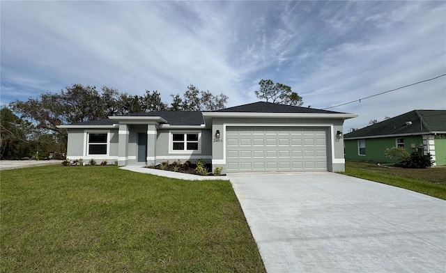 view of front facade featuring a front yard and a garage