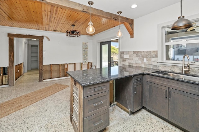 kitchen with pendant lighting, sink, wood ceiling, and backsplash