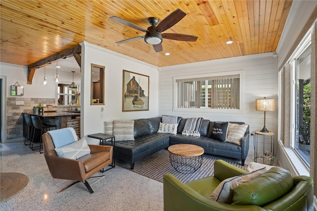 living room with wooden walls, sink, ceiling fan, and wood ceiling