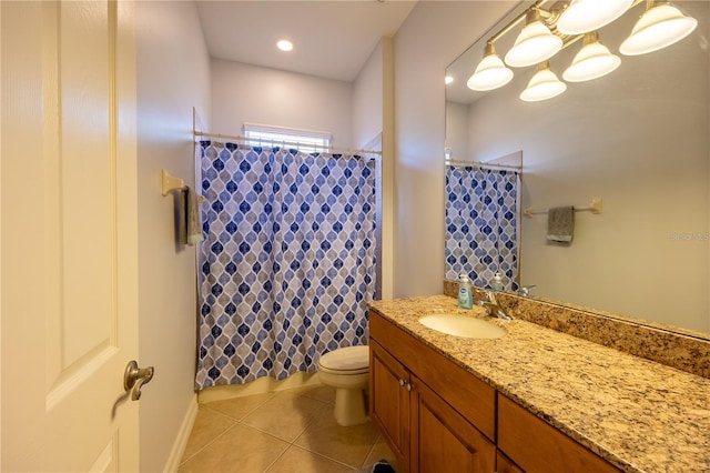 bathroom with tile patterned flooring, vanity, toilet, and curtained shower