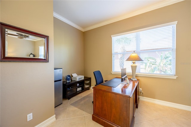 tiled office featuring ceiling fan, a healthy amount of sunlight, and ornamental molding