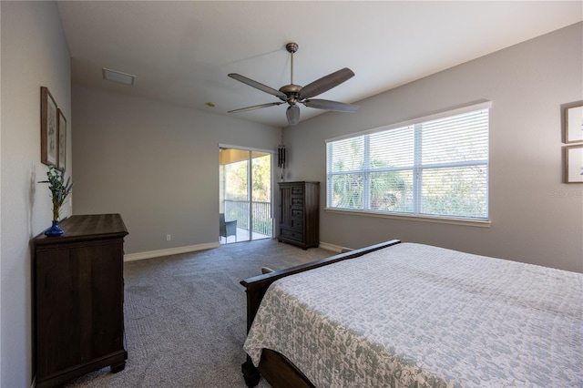 bedroom featuring access to exterior, ceiling fan, and dark colored carpet