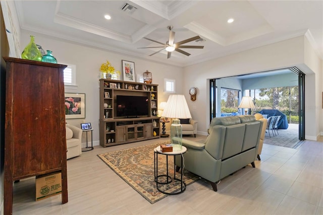 living room with beamed ceiling, ceiling fan, ornamental molding, and coffered ceiling