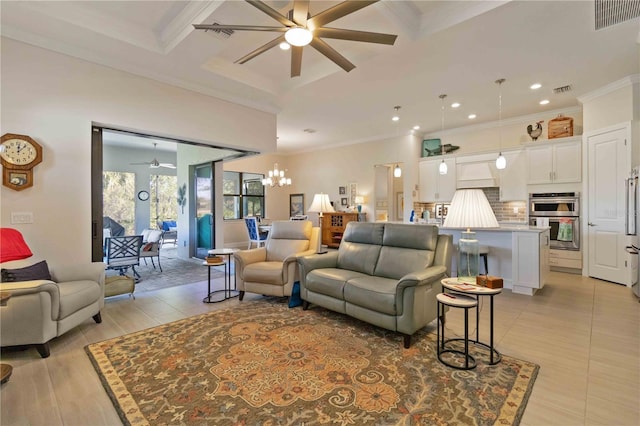 living room featuring crown molding, beamed ceiling, ceiling fan with notable chandelier, and coffered ceiling