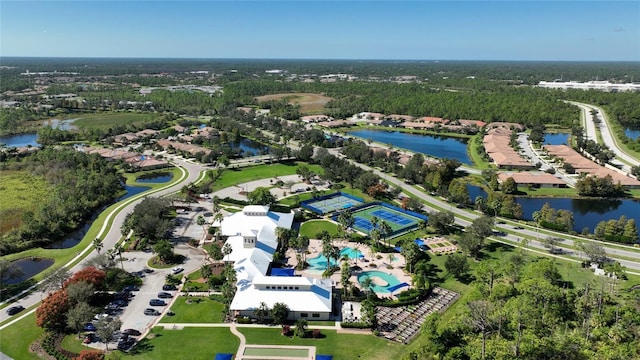 birds eye view of property featuring a water view