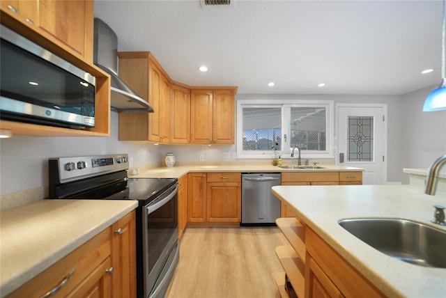 kitchen featuring appliances with stainless steel finishes, light hardwood / wood-style flooring, wall chimney exhaust hood, and sink