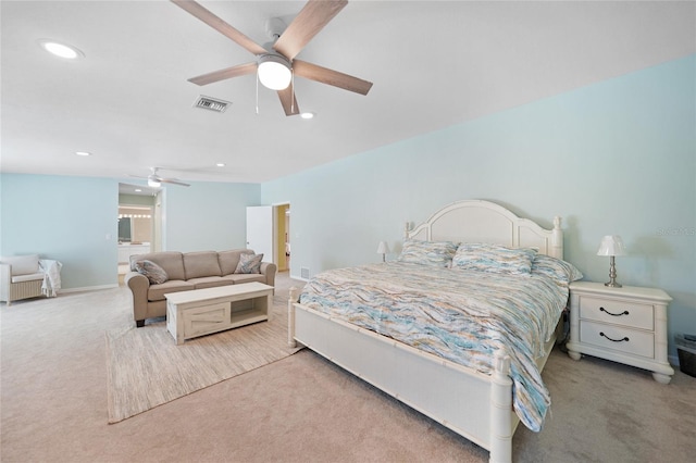 carpeted bedroom with ceiling fan