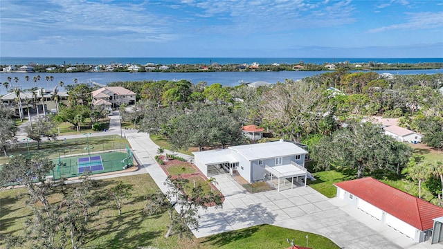 drone / aerial view featuring a water view