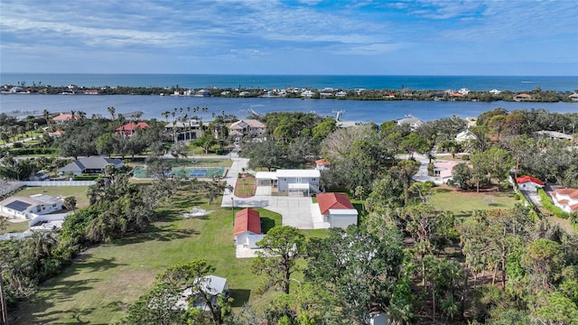 aerial view featuring a water view