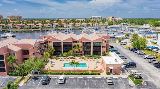 drone / aerial view with a water view