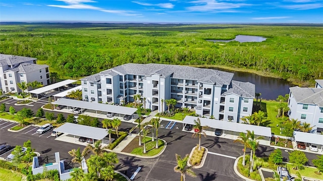 drone / aerial view featuring a water view