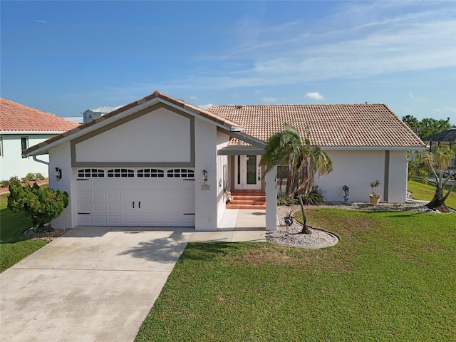 view of front facade with a front lawn and a garage