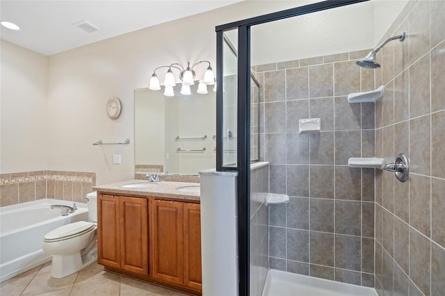 full bathroom featuring tile patterned flooring, vanity, toilet, and plus walk in shower