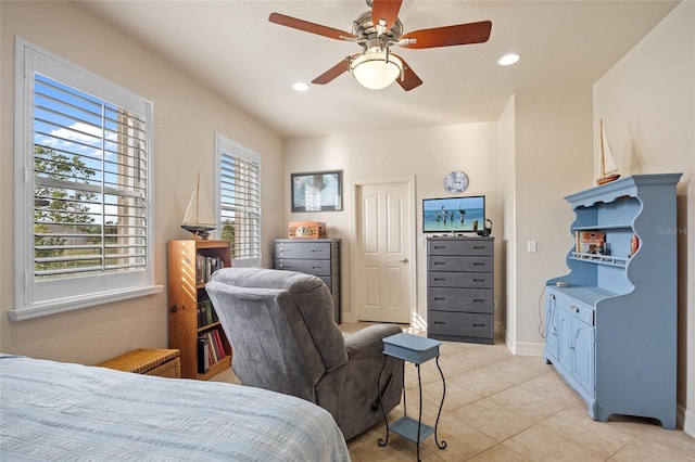 bedroom featuring ceiling fan and light tile patterned flooring