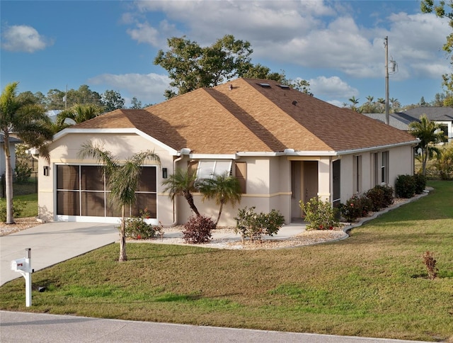 view of front of home with stucco siding, a garage, a front yard, driveway, and roof with shingles