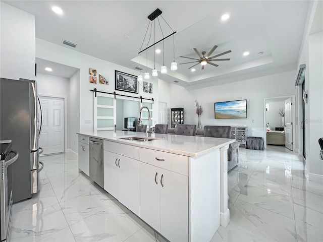 kitchen featuring a raised ceiling, sink, a barn door, appliances with stainless steel finishes, and white cabinetry