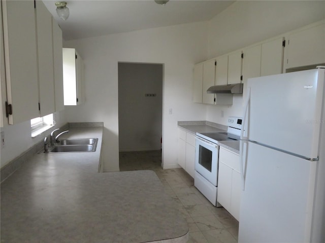 kitchen featuring white appliances, white cabinetry, and sink