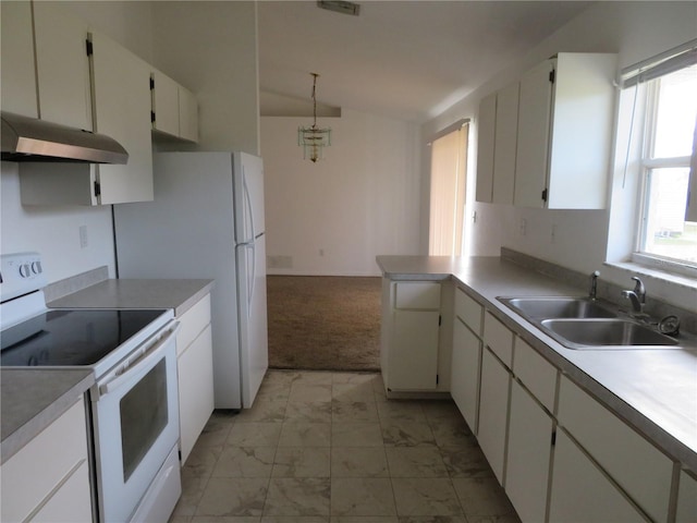 kitchen with vaulted ceiling, sink, electric range, decorative light fixtures, and white cabinetry