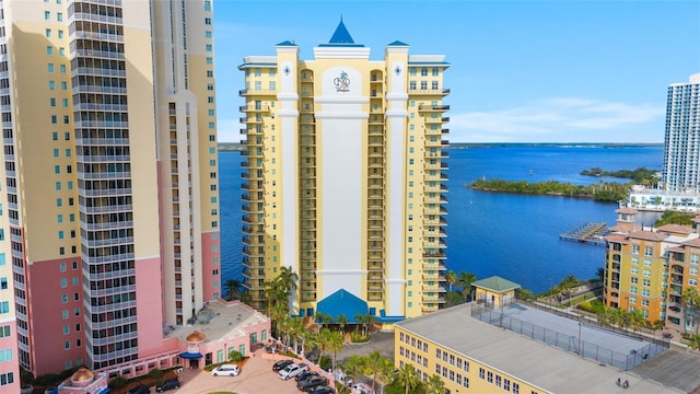 view of building exterior featuring a water view