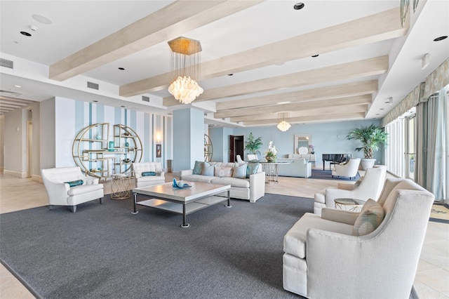 living room with beam ceiling and an inviting chandelier