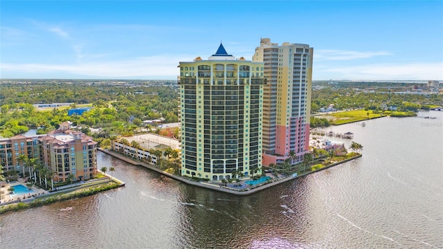 drone / aerial view with a water view