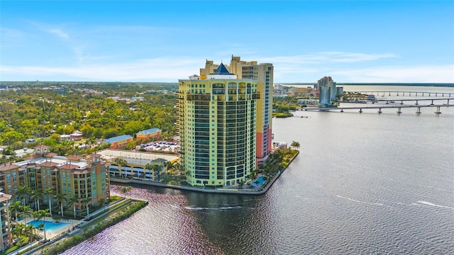 drone / aerial view featuring a water view