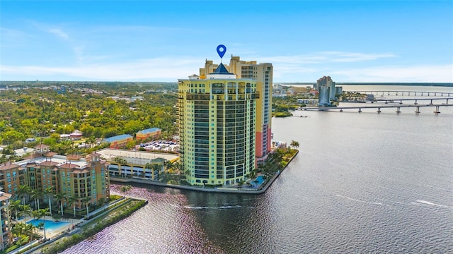 aerial view featuring a water view