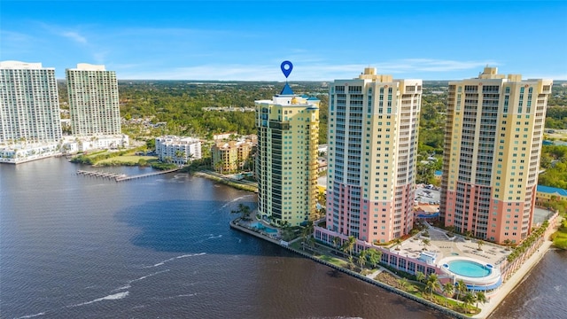 drone / aerial view with a water view