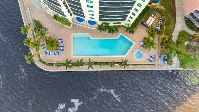 drone / aerial view featuring a water view