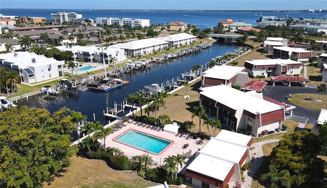 bird's eye view with a water view