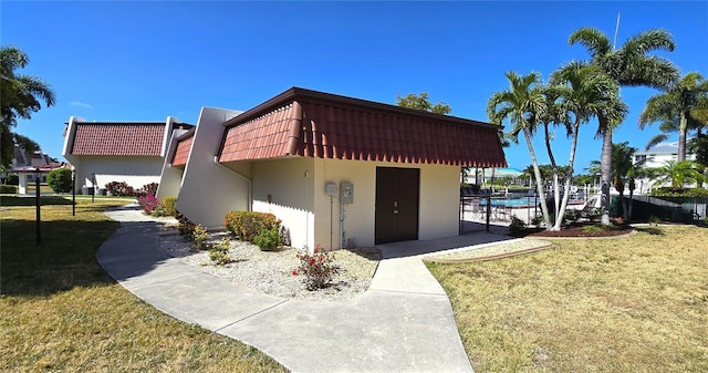 exterior space featuring a fenced in pool and a yard