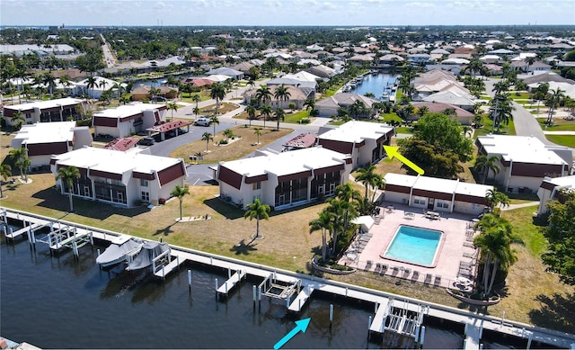 drone / aerial view featuring a water view