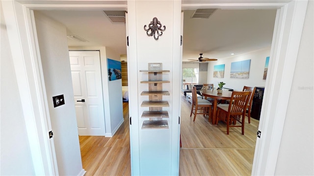 dining room with ceiling fan and light hardwood / wood-style flooring