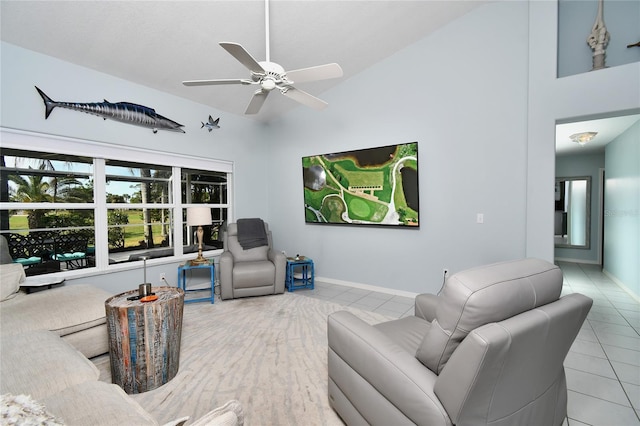 tiled living room with vaulted ceiling and ceiling fan