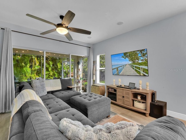 living room with ceiling fan and light hardwood / wood-style floors