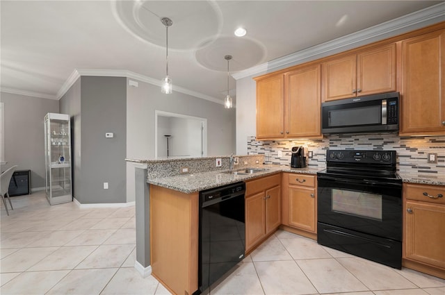 kitchen featuring kitchen peninsula, sink, light tile patterned floors, and black appliances