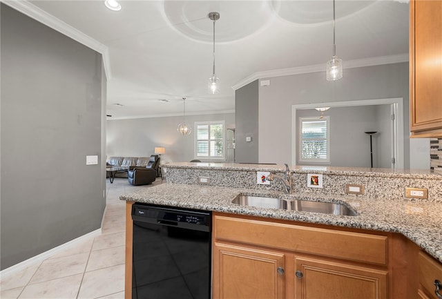 kitchen featuring light stone countertops, dishwasher, sink, light tile patterned floors, and ornamental molding