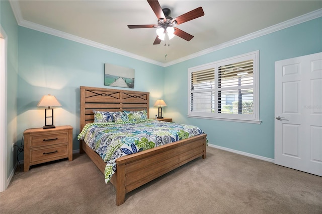 bedroom with ceiling fan, light colored carpet, and ornamental molding