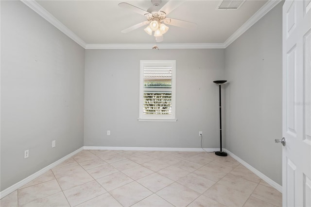 spare room with light tile patterned flooring, visible vents, baseboards, a ceiling fan, and ornamental molding