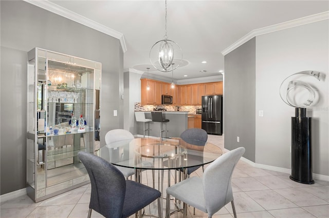 dining room featuring a chandelier, ornamental molding, light tile patterned flooring, and baseboards