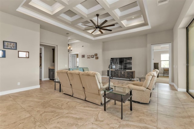 living room with coffered ceiling, beamed ceiling, crown molding, a towering ceiling, and ceiling fan with notable chandelier