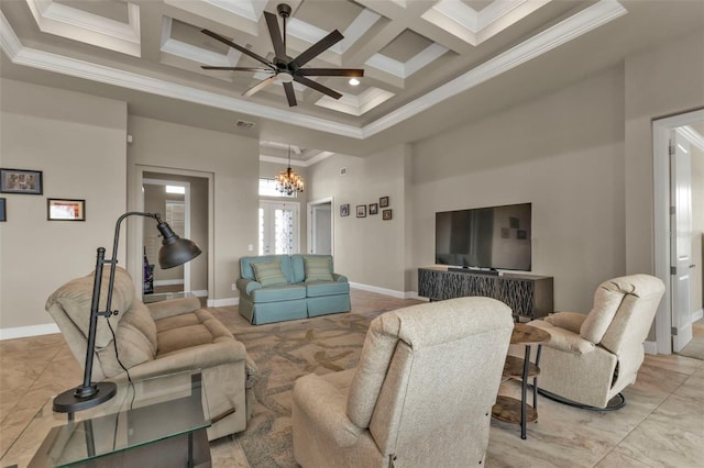 living room with coffered ceiling, ceiling fan with notable chandelier, crown molding, a towering ceiling, and beamed ceiling