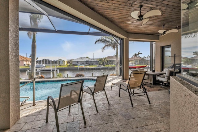 sunroom / solarium with ceiling fan, a water view, wood ceiling, and a pool