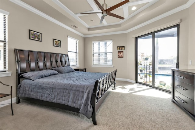 bedroom featuring access to exterior, ceiling fan, and crown molding